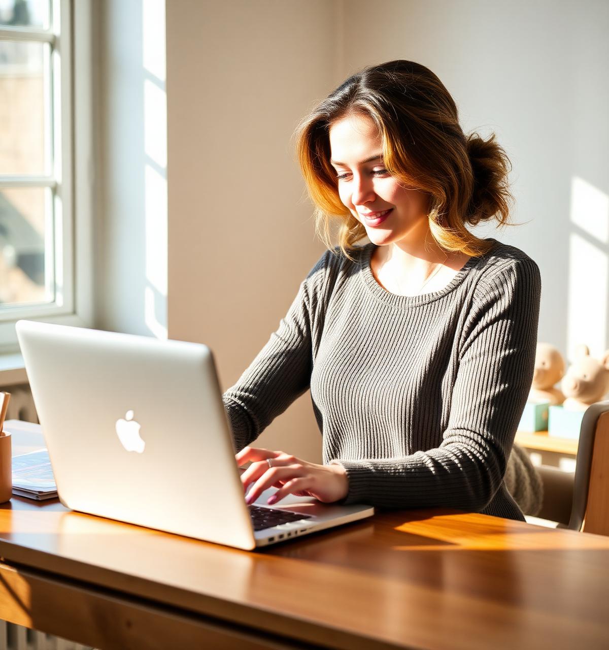 A mom building her business from a sunlit home office